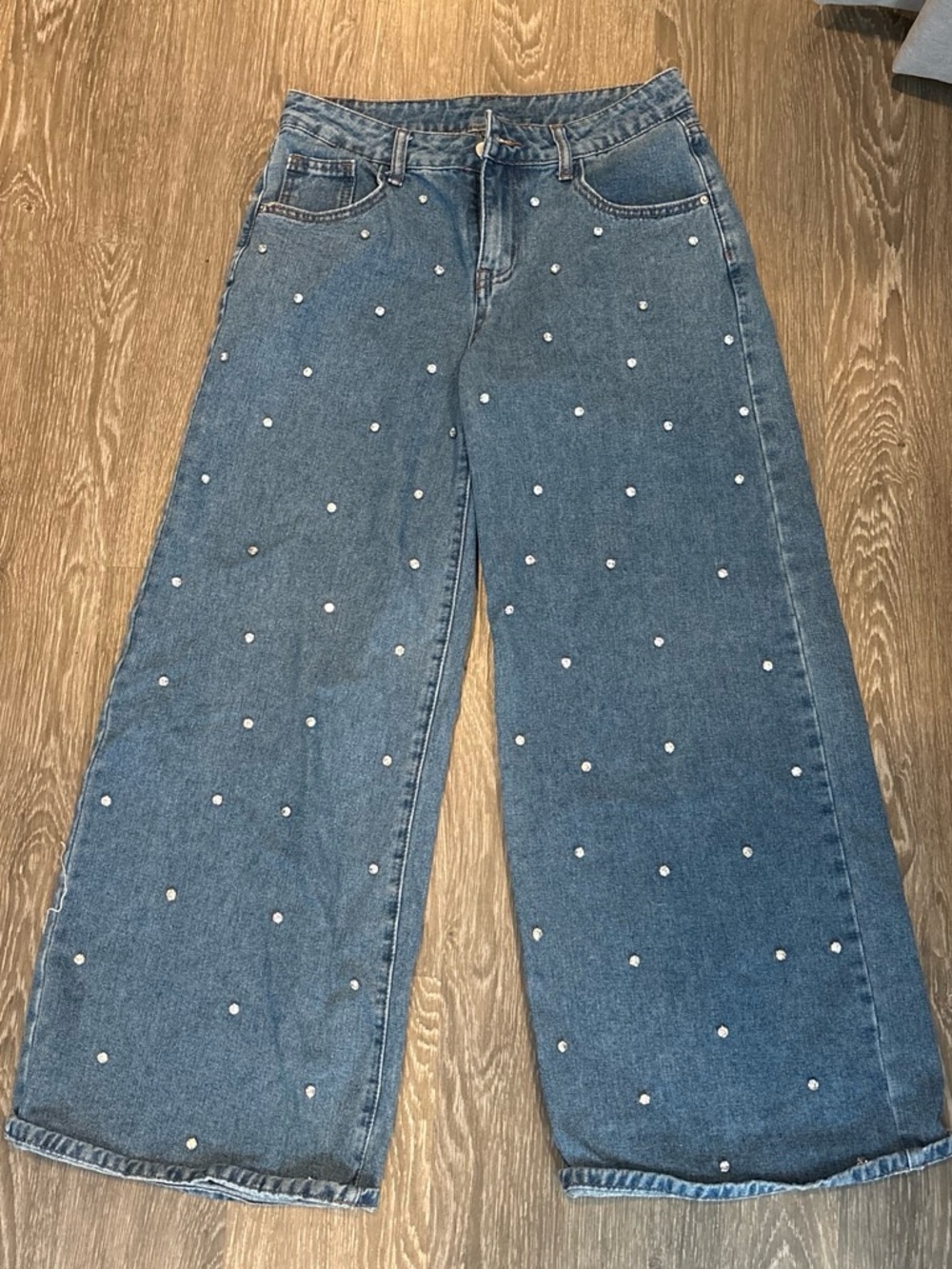 Wide Leg Pearl-Embellished Blue Jeans